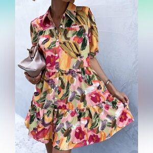 Women's Button Down Dress Brush Print Puff Sleeve Smock Sun Dress